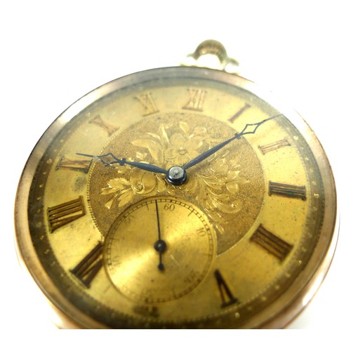 62 - A Victorian 9ct gold pocket watch, open faced, keyless wind, with golden Roman numeral dial, subsidi... 