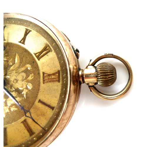 62 - A Victorian 9ct gold pocket watch, open faced, keyless wind, with golden Roman numeral dial, subsidi... 