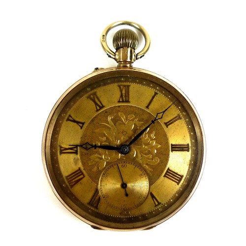 62 - A Victorian 9ct gold pocket watch, open faced, keyless wind, with golden Roman numeral dial, subsidi... 