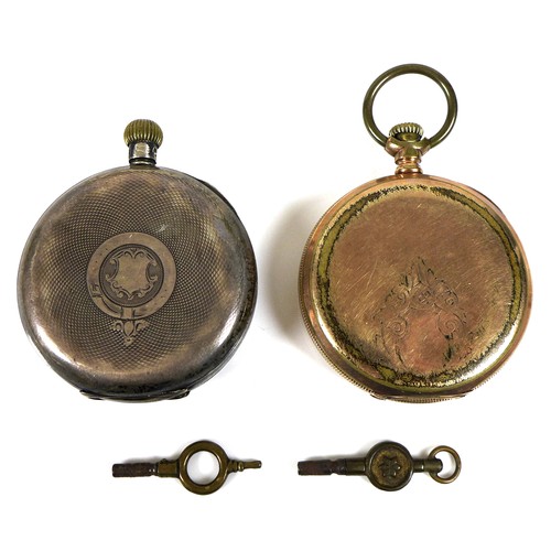 59 - Two open faced pocket watches, comprising a silver cased, top wind, watch with Omega case, Roman num... 