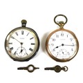 Two open faced pocket watches, comprising a silver cased, top wind, watch with Omega case, Roman num... 