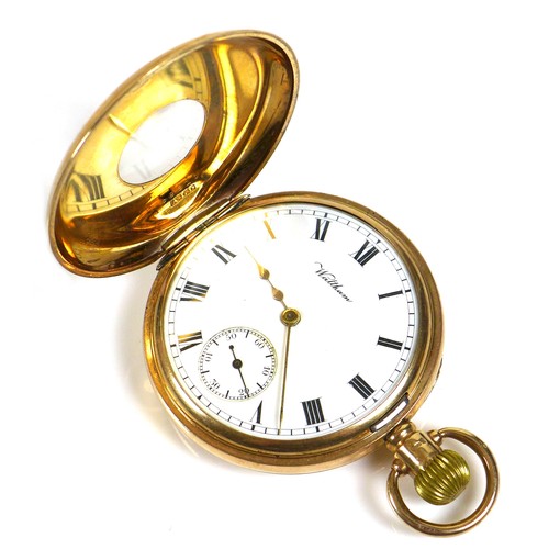 65 - A 9ct gold Waltham half hunter pocket watch, with Roman numeral dial and subsidiary dial, a top wind... 