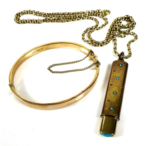 361 - A gold pencil holder pendant set with turquoise and diamond chips, unmarked but tests as at least 14... 