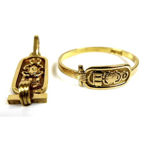 248 - Two pieces of Egyptian gold jewellery, comprising a ring and a charm, tests as equivalent to 18ct, 3... 