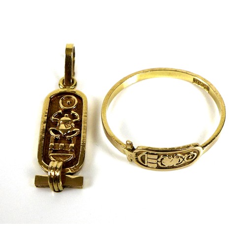 248 - Two pieces of Egyptian gold jewellery, comprising a ring and a charm, tests as equivalent to 18ct, 3... 