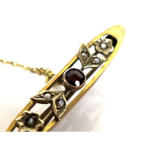 245 - A 9ct gold, ruby and seed pearl brooch, 4cm long, with safety chain, 2.9g, boxed, together with a go... 