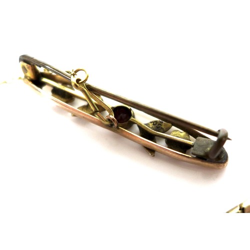 245 - A 9ct gold, ruby and seed pearl brooch, 4cm long, with safety chain, 2.9g, boxed, together with a go... 