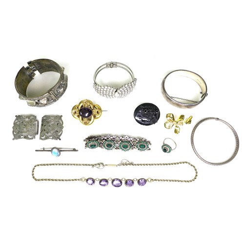 247 - A group of jewellery, including an Austrian silver bracelet and matching ring set with green glass a... 