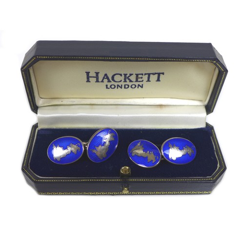 241 - A pair of Hackett silver and blue enamel cufflinks, oval form, depicting Great Britain, with chain l... 