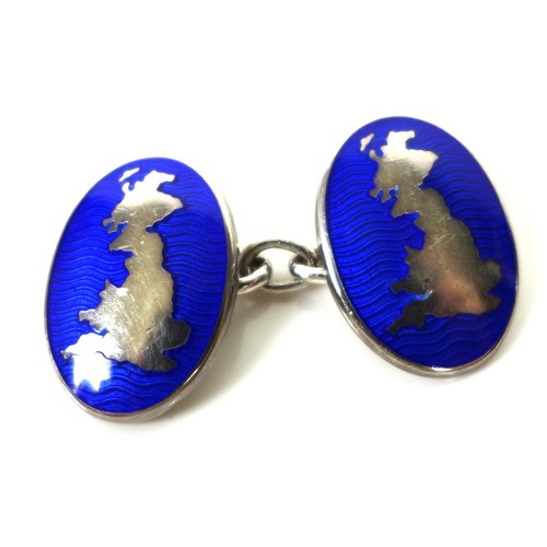 241 - A pair of Hackett silver and blue enamel cufflinks, oval form, depicting Great Britain, with chain l... 