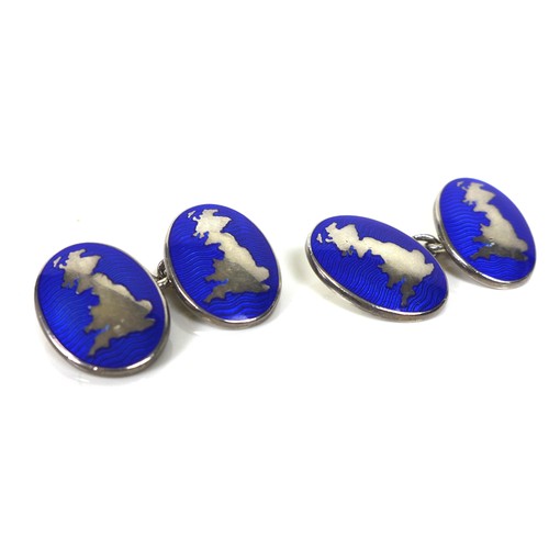 241 - A pair of Hackett silver and blue enamel cufflinks, oval form, depicting Great Britain, with chain l... 