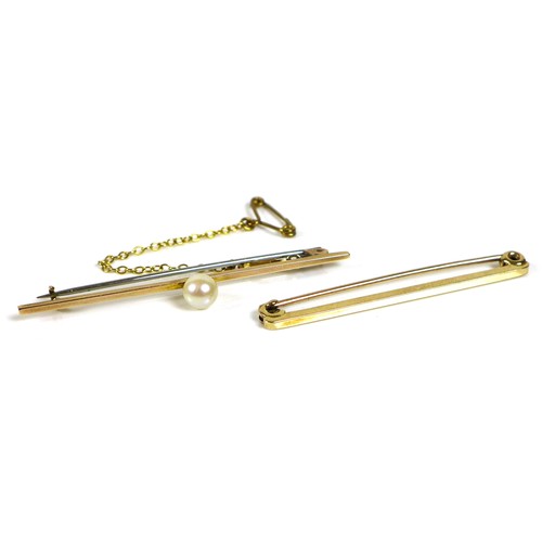 251 - Two 9ct gold bar brooches, the first set with a single cultured pearl, 5.2cm, with safety chain, 2g,... 