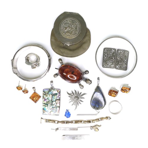 257 - A group of silver and costume jewellery, including a silver bangle and ring, 22.7toz, an engraved si... 