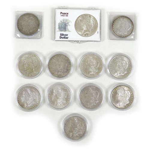 163 - A collection of twelve 19th century and later silver US one dollar coins, including a run of coins f... 