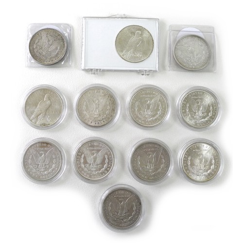 163 - A collection of twelve 19th century and later silver US one dollar coins, including a run of coins f... 