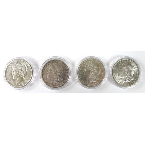 163 - A collection of twelve 19th century and later silver US one dollar coins, including a run of coins f... 