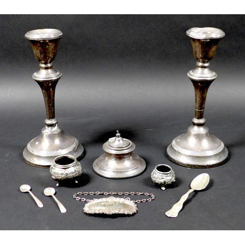 15 - A group of silver items, comprising, 'Port' decanter label, 4.3 by 6.7cm, capstan inkwell, pair of w... 