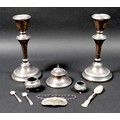 A group of silver items, comprising, 'Port' decanter label, 4.3 by 6.7cm, capstan inkwell, pair of w... 