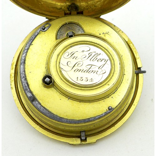 66 - A large George III gilt brass pair cased verge pocket watch, circa 1780, the full plate chain fusee ... 