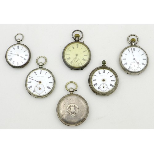 60 - A group of six Victorian silver pocket watches, all with white enamel dials and Roman numerals, one ... 