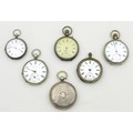 A group of six Victorian silver pocket watches, all with white enamel dials and Roman numerals, one ... 