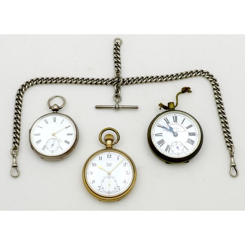 61 - A group of three pocket watches, comprising a silver cased watch, 3.10toz, together with two yellow ... 