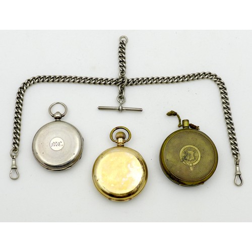 61 - A group of three pocket watches, comprising a silver cased watch, 3.10toz, together with two yellow ... 