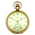 An American Waltham gold plated open faced pocket watch, circa 1917, keyless wind, white dial with b... 