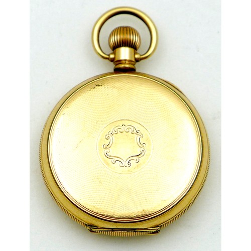 58 - An American Waltham gold plated open faced pocket watch, circa 1917, keyless wind, white dial with b... 