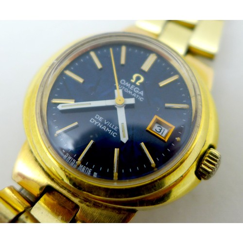 78 - A gold plated Omega Automatic De Ville Dynamic wristwatch, blue dial with gold batons, case 26.7 by ... 