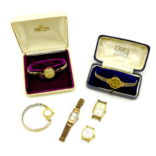 84 - A group of six ladies wristwatches, comprising an Art Deco 18ct gold cased wristwatch, circular dial... 