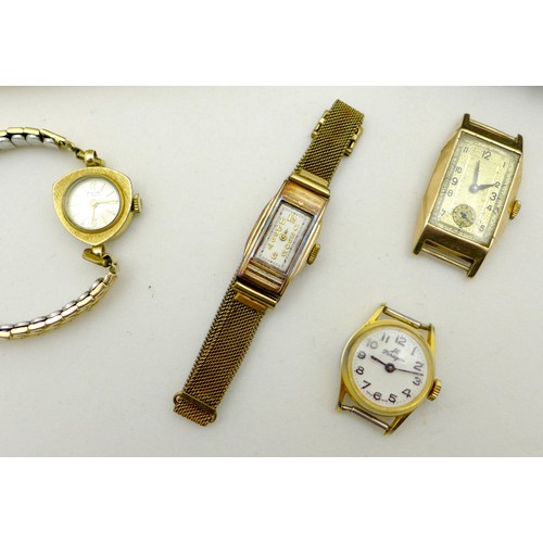 84 - A group of six ladies wristwatches, comprising an Art Deco 18ct gold cased wristwatch, circular dial... 