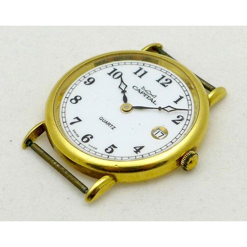 83 - An Italian 18k gold wristwatch head, signed Capital, circular white dial with black Arabic numerals ... 