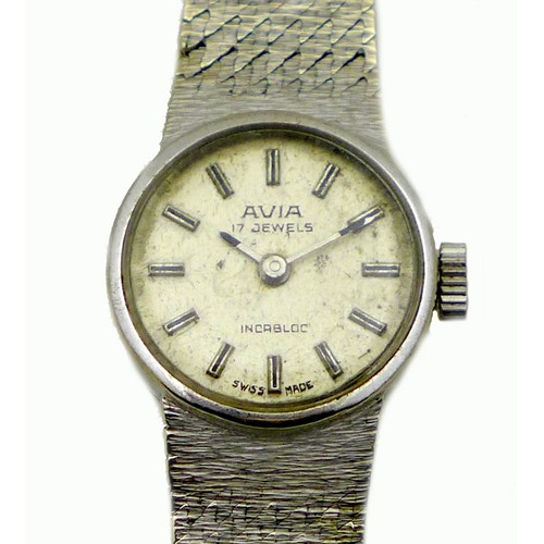 82 - A vintage Avia 9ct white gold cased lady's wristwatch, circular silver dial with black baton numeral... 