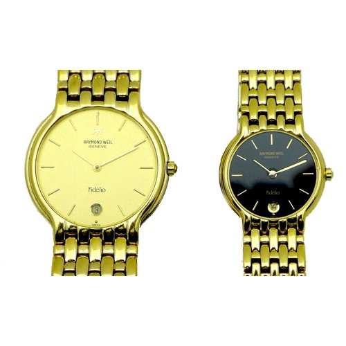 72 - A pair of 'his and hers' Raymond Weil Fidelio gold plated wristwatches, a gentleman's with circular ... 