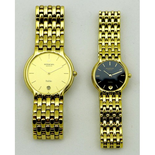 72 - A pair of 'his and hers' Raymond Weil Fidelio gold plated wristwatches, a gentleman's with circular ... 