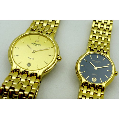 72 - A pair of 'his and hers' Raymond Weil Fidelio gold plated wristwatches, a gentleman's with circular ... 