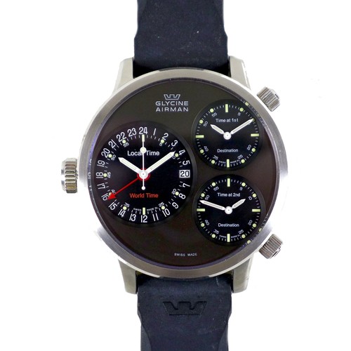 94 - A Glycine Airman stainless steel cased gentleman's wristwatch, ref. 3841, the circular black dial in... 