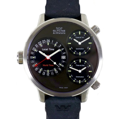 94 - A Glycine Airman stainless steel cased gentleman's wristwatch, ref. 3841, the circular black dial in... 