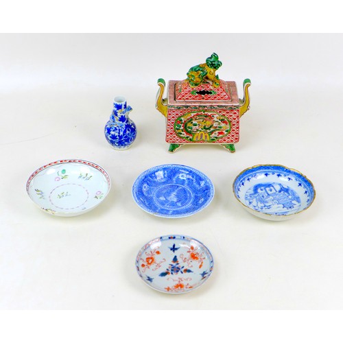 2 - Six pieces of early 20th century Chinese porcelain, including a polychrome censer with fo dog finial... 