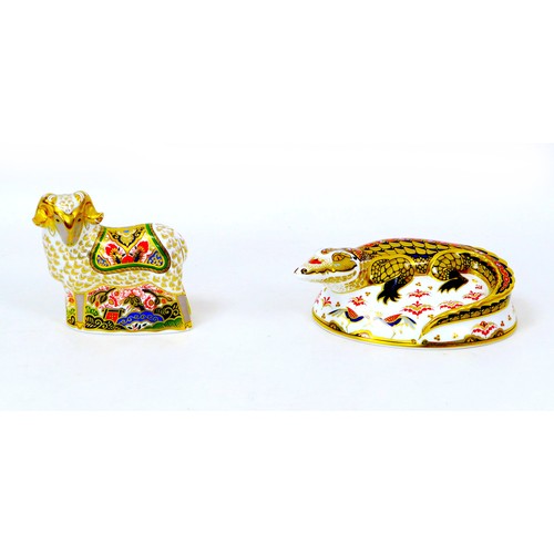 51 - Two Royal Crown Derby paperweights, one modelled as a crocodile, 6cm high, and a visitor centre excl... 