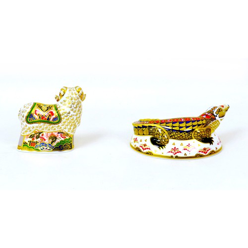 51 - Two Royal Crown Derby paperweights, one modelled as a crocodile, 6cm high, and a visitor centre excl... 