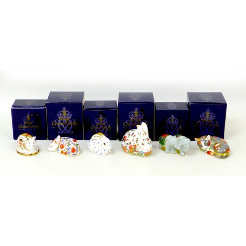 52 - Six Royal Crown Derby paperweights, modelled as a Meadow Rabbit, 7cm high, Baby Rabbit, 4.5cm high, ... 