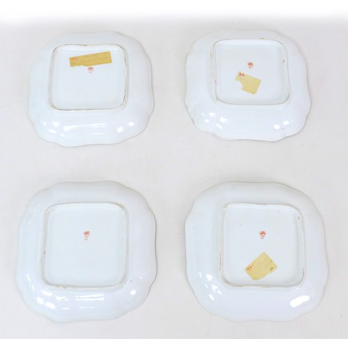 14 - Four 19th century Derby porcelain square dishes, decorated with floral sprays and blue and gilt scro... 