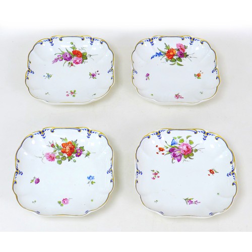14 - Four 19th century Derby porcelain square dishes, decorated with floral sprays and blue and gilt scro... 