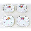 Four 19th century Derby porcelain square dishes, decorated with floral sprays and blue and gilt scro... 