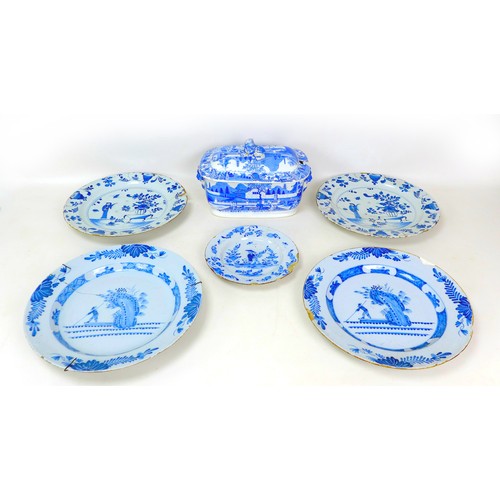 12 - Six pieces of 19th century blue and white porcelain, comprising four european tin glazed plates, lar... 