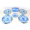Six pieces of 19th century blue and white porcelain, comprising four european tin glazed plates, lar... 