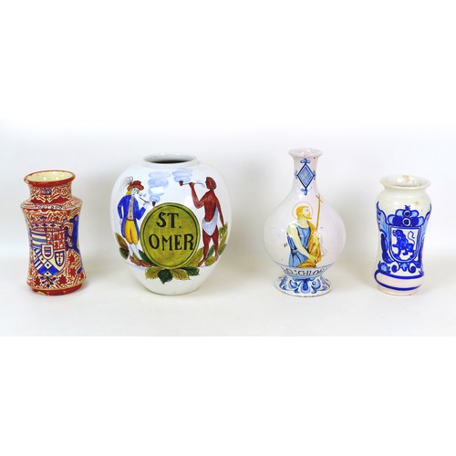 31 - Four 20th century continental ceramics, including a Delft 'St. Omer' tobacco jar, 23 by 27cm high, a... 