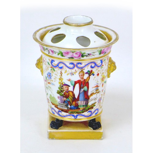 13 - A 19th century continental famille rose pattern jar, with later spill vase cover, its top rim decora... 